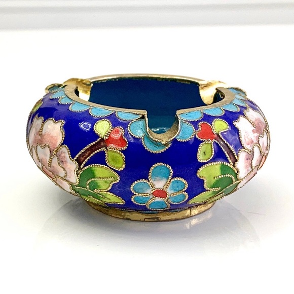 Vintage China Bronze Cloisonne Enamel Flower Dynasty Palace Regis Ashtray - Picture 3 of 11